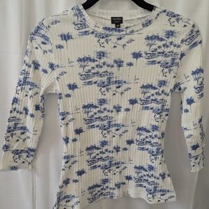 Aleeza Paris ABBY DOLMAN PALM Blue and White Patterned 3/4 Sleeve Top XS